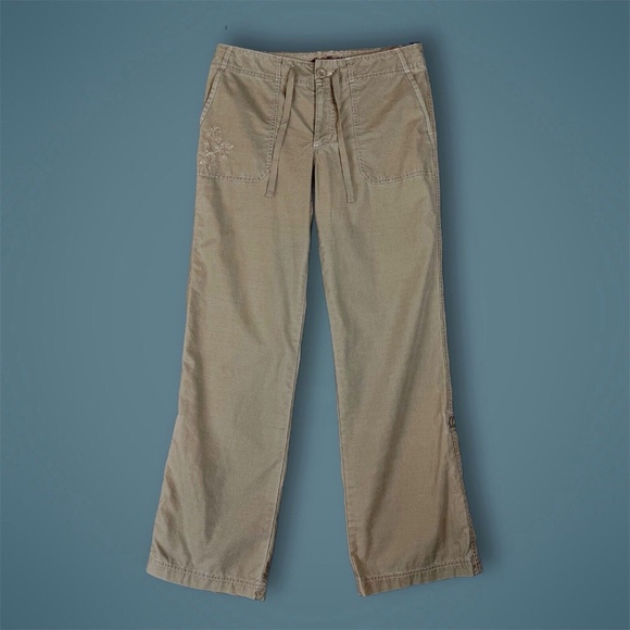 Eddie Bauer Size 8 Khaki Roll-up Pants Y2K Embroidered Detail - Picture 1 of 12
